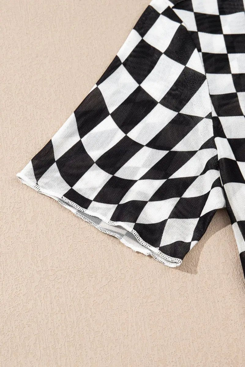 Black Checker Mesh Crew Neck T Shirt for Women Fashion - Love Salve